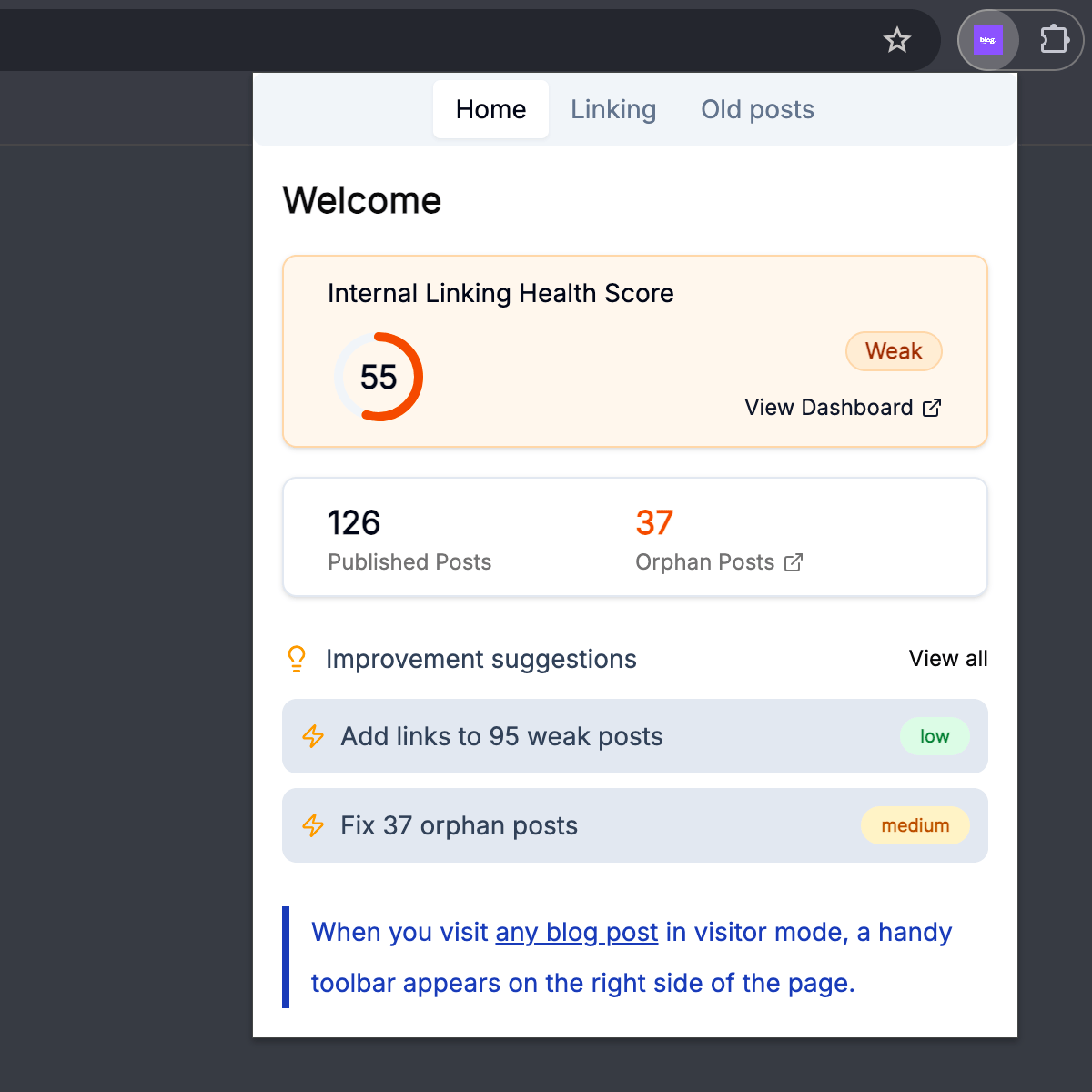 Blogima link builder panel open in Ghost editor showing health score and link suggestions